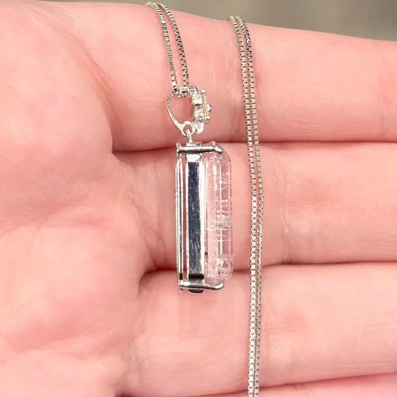 18K Rutilated Rose Quartz Diamond Necklace, White Gold, Floral, Pink Gem, Luxury